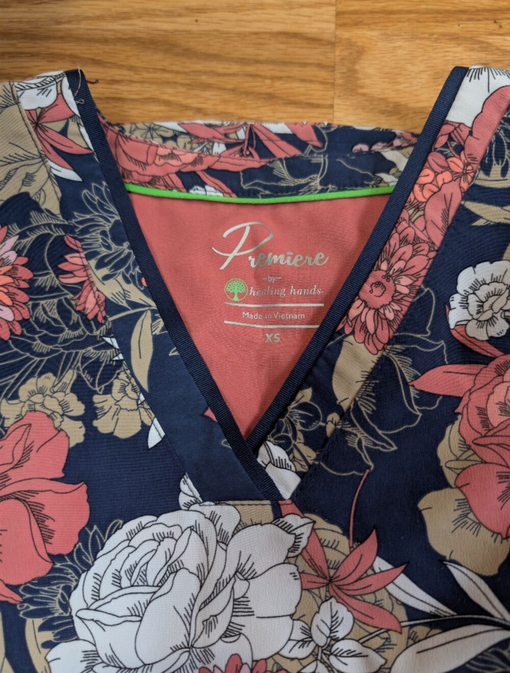 healing hands Navy Floral V‑Neck Top with Coral & White Blooms - Picture 4 of 4